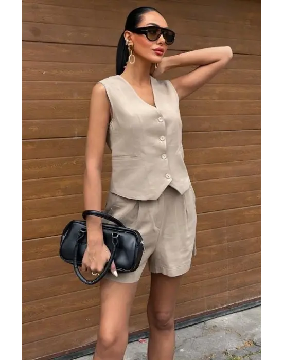 Yelek Şort Flamlı Keten Takım 10133-17