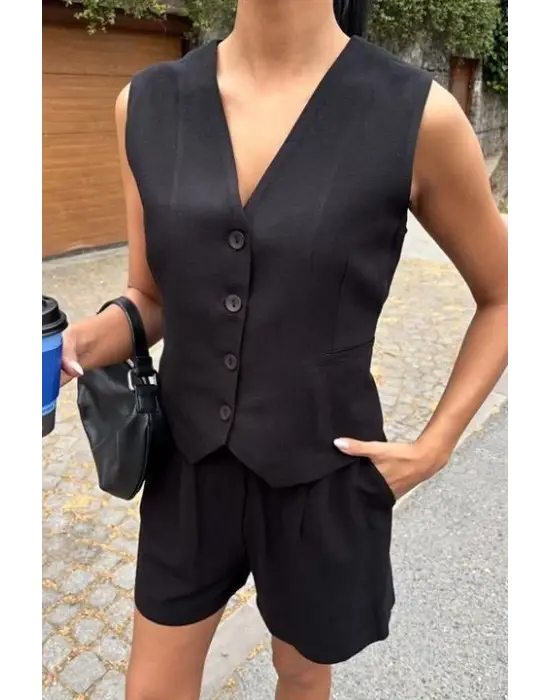 Yelek Şort Flamlı Keten Takım 10133-17