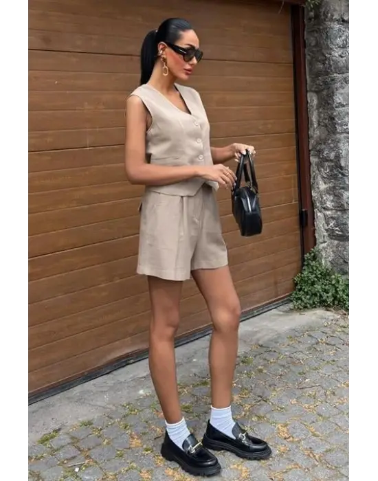 Yelek Şort Flamlı Keten Takım 10133-17