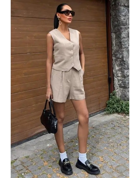Yelek Şort Flamlı Keten Takım 10133-17