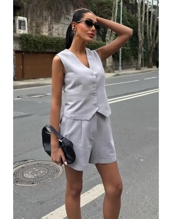 Yelek Şort Flamlı Keten Takım 10133-17