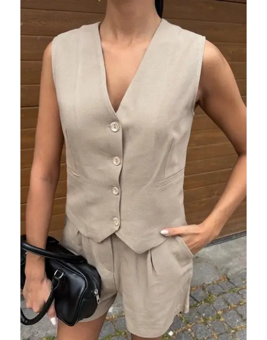 Yelek Şort Flamlı Keten Takım 10133-17