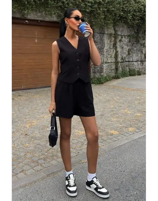 Yelek Şort Flamlı Keten Takım 10133-17