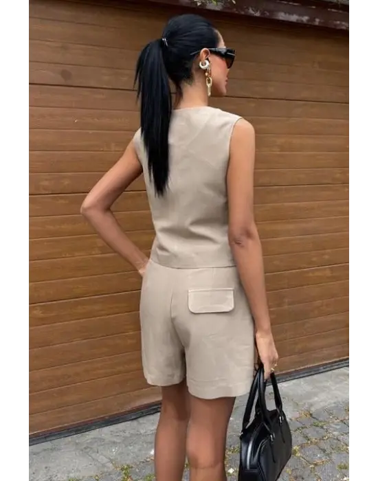 Yelek Şort Flamlı Keten Takım 10133-17