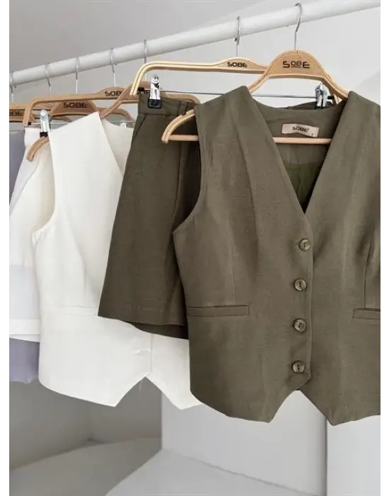 Yelek Şort Flamlı Keten Takım 10133-17