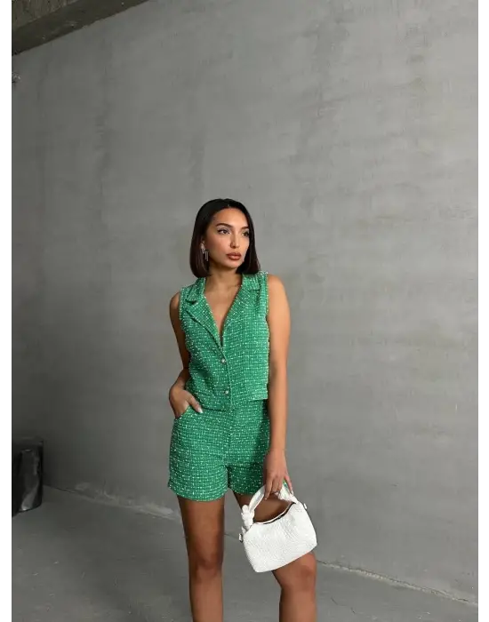 Omarı Yeşil Yelekli Şort Takımı