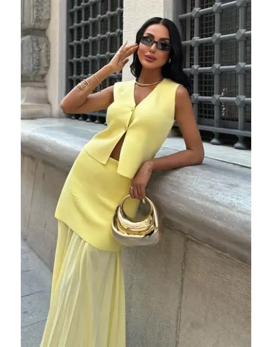 Omarı Yelekli Pilise Etek Triko Takım