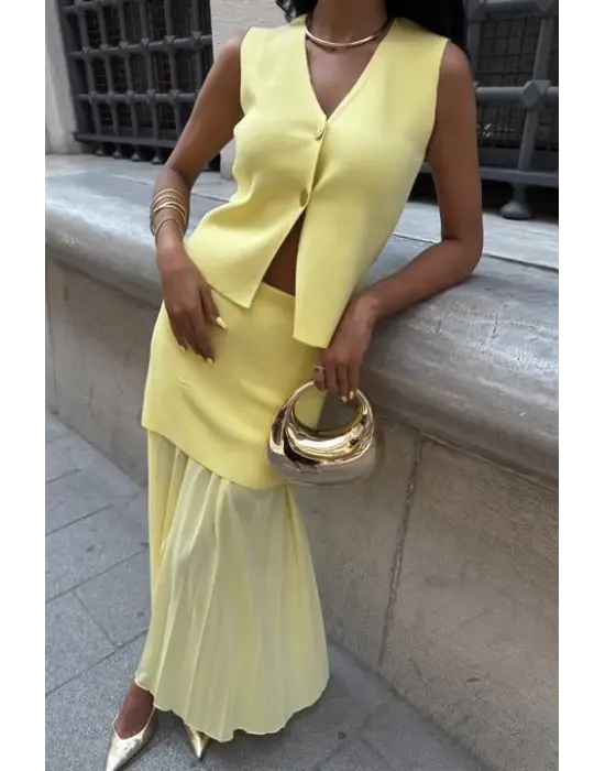 Omarı Yelekli Pilise Etek Triko Takım