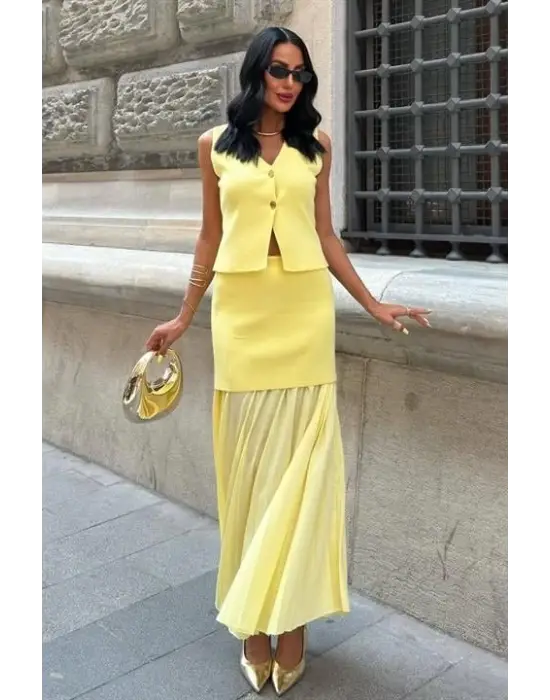 Omarı Yelekli Pilise Etek Triko Takım