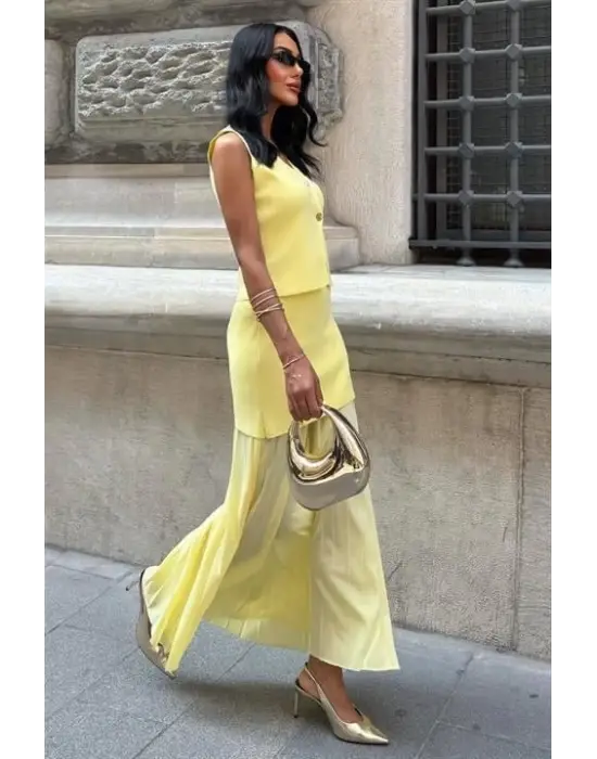 Omarı Yelekli Pilise Etek Triko Takım