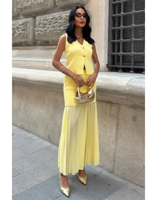 Omarı Yelekli Pilise Etek Triko Takım