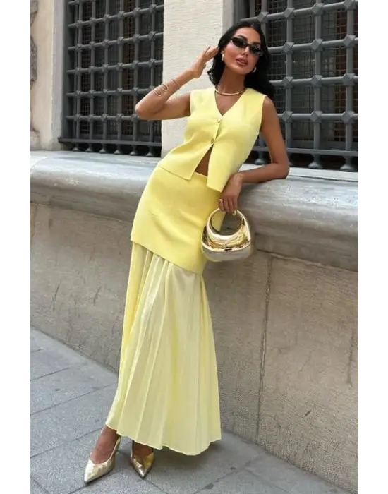 Omarı Yelekli Pilise Etek Triko Takım