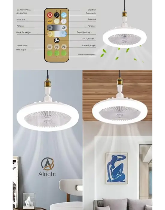 Yeni Nesil E27 Duylu Kumandalı Tavan Vantilatörlü Led Lamba 3 Hız Ayarı Ve 3 Renk Ayarı