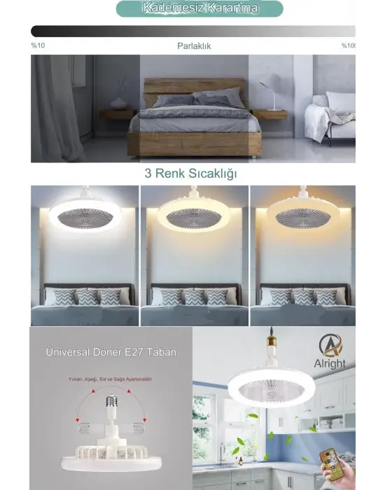 Yeni Nesil E27 Duylu Kumandalı Tavan Vantilatörlü Led Lamba 3 Hız Ayarı Ve 3 Renk Ayarı