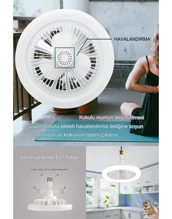 Yeni Nesil E27 Duylu Kumandalı Tavan Vantilatörlü Led Lamba 3 Hız Ayarı Ve 3 Renk Ayarı
