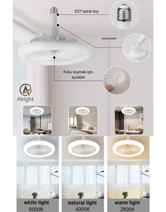Yeni Nesil E27 Duylu Kumandalı Tavan Vantilatörlü Led Lamba 3 Hız Ayarı Ve 3 Renk Ayarı