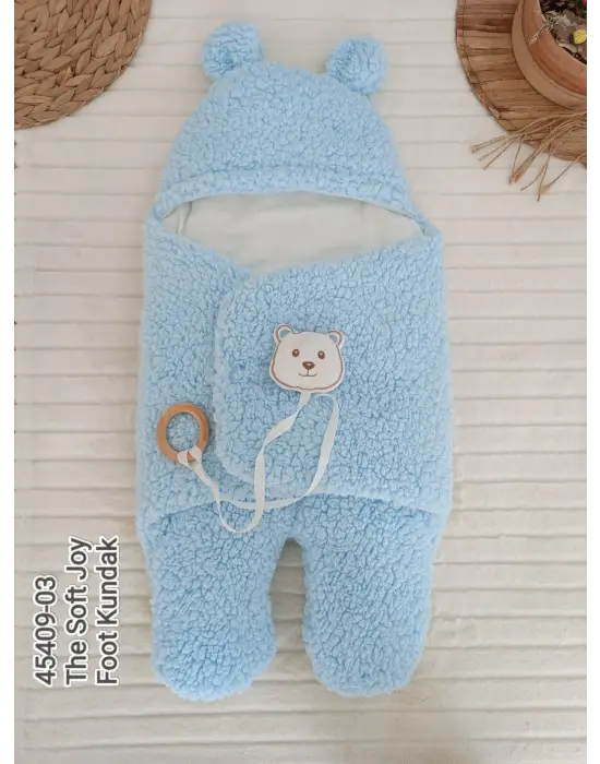 Omarı Yenidoğan İçin Kulaklı Açılır Kucaklı Bebek Battaniyesi Mavi