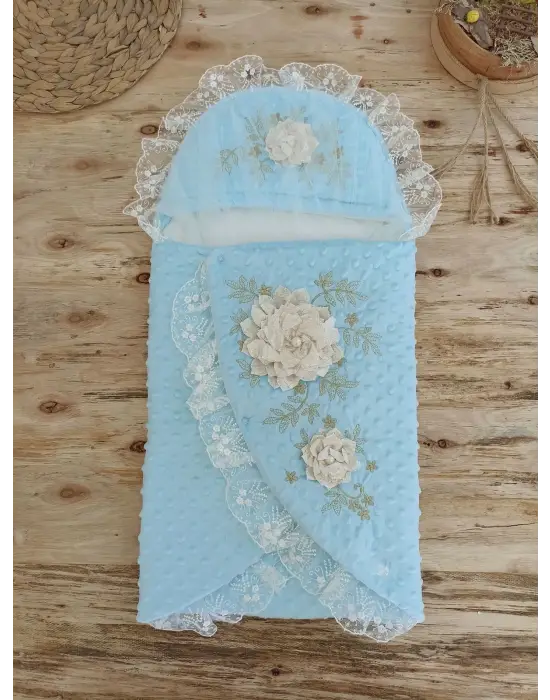 Omarı Yenidoğan Gül Bahçesi Tül Örtülü Bebek Battaniyesi Mavi