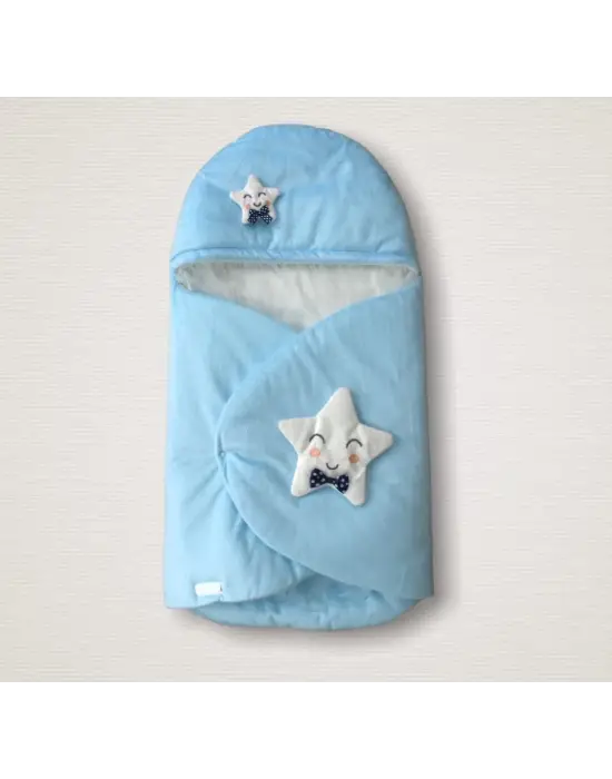 Şık Yenidoğan Çift Yıldız Detaylı Duvaklı Erkek Bebek Kundak Battaniyesi