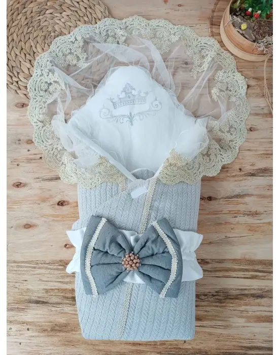 Omarı Yenidoğan Örgülü Gri Bebek Battaniyesi Kundak