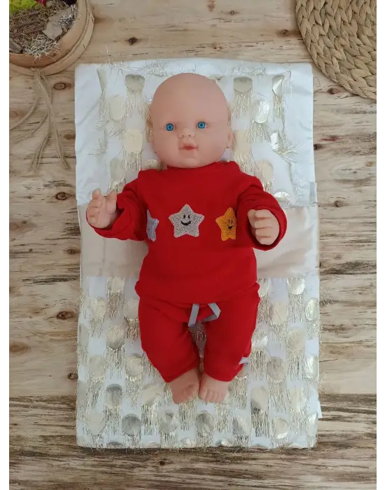 Yenidoğan İzmir İncisi Tül İşlemeli Pamuklu Fiyonklu Kundaklı Lüks 3lü Alt Açma Seti Gold