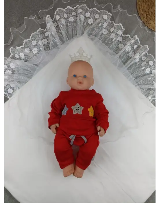 Zarif Pamuk Taç Nakışlı Bebek Battaniyesi