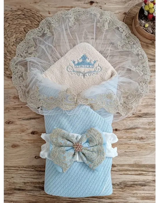 Eşsiz Nakışlı Kundak Bebek Battaniyesi Mavi