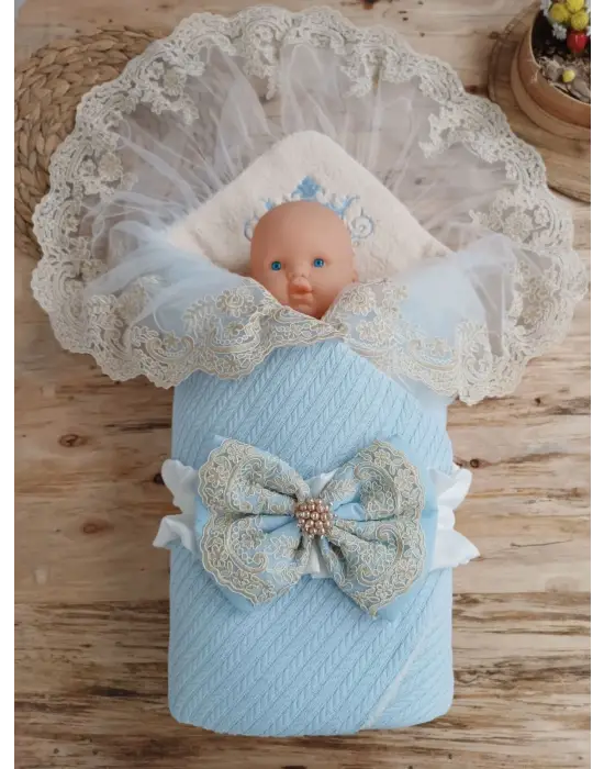 Eşsiz Nakışlı Kundak Bebek Battaniyesi Mavi