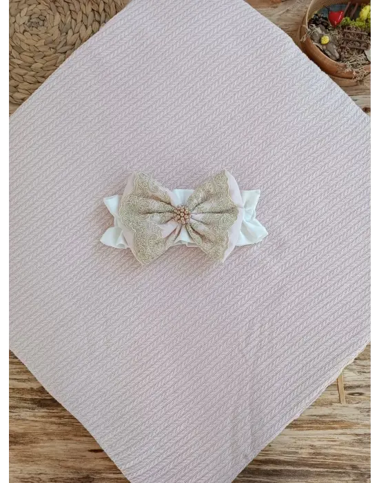 Zarif Kuzulu Taç Nakış Fiyonklu Unisex Kundak Bebek Battaniye - Pembe