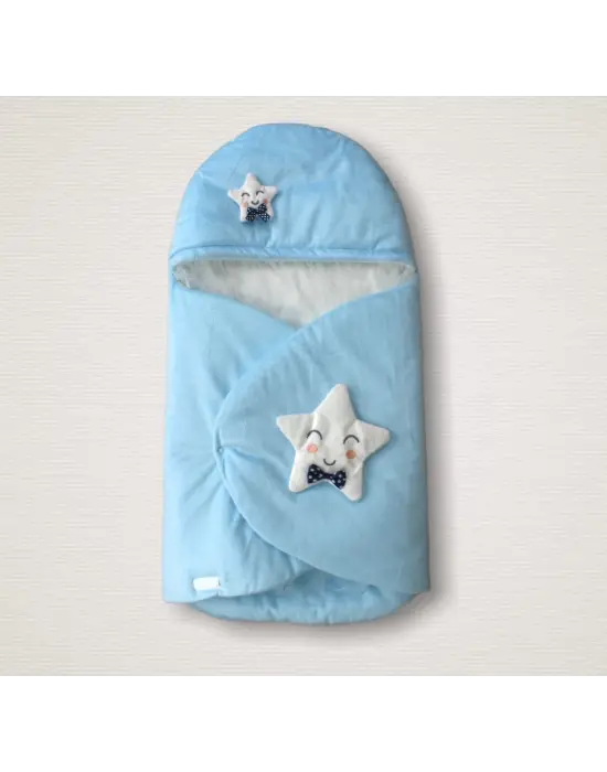 Omarı Yenidoğan Bebek Şapkalı Yıldız Desenli Kundak Battaniyesi Mavi