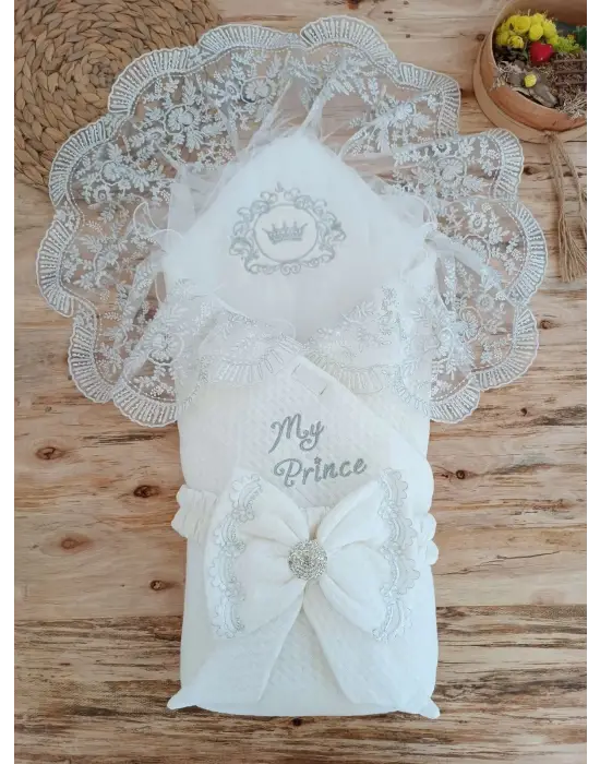 Şık Pamuk Taç Benim Prensim Nakışlı Kundak Battaniye