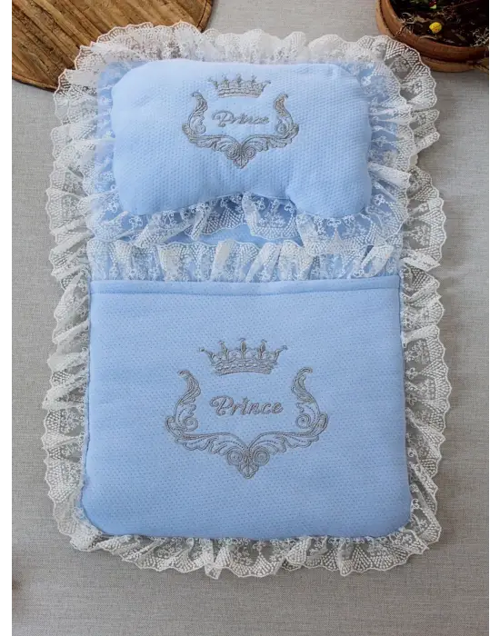 Yenidoğan Sahra Taç Nakışlı Trilüks 2li Alt Açma Seti Mavi