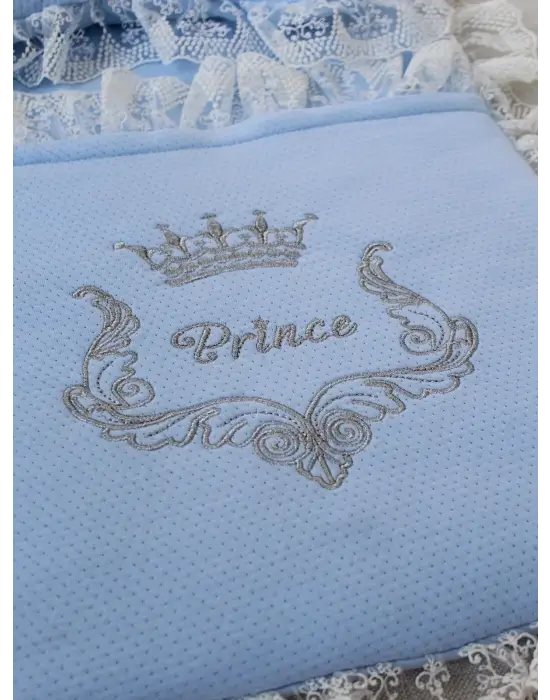 Yenidoğan Sahra Taç Nakışlı Trilüks 2li Alt Açma Seti Mavi