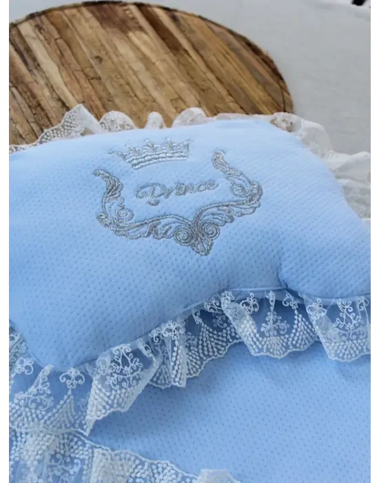 Yenidoğan Sahra Taç Nakışlı Trilüks 2li Alt Açma Seti Mavi