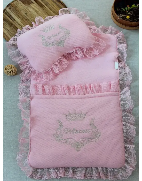 Yenidoğan Sahra Taç Nakışlı Trilüks 2li Alt Açma Seti Pembe