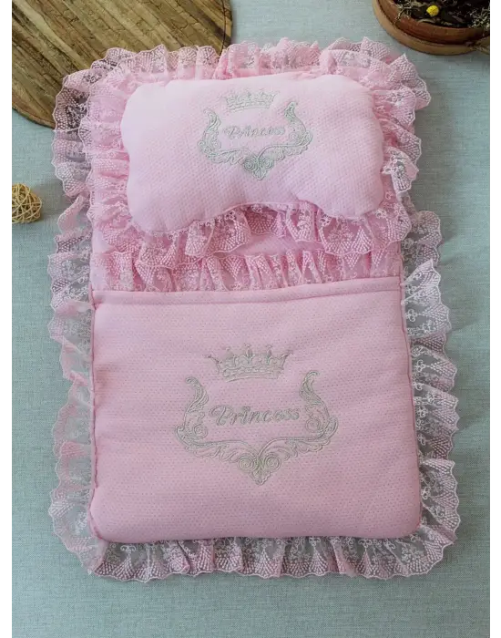 Yenidoğan Sahra Taç Nakışlı Trilüks 2li Alt Açma Seti Pembe