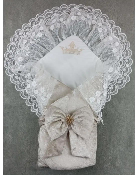 Zarif Kadife Taç Nakışlı İnci Fiyonklu Çift Dantel Duvak Bebek Battaniyesi