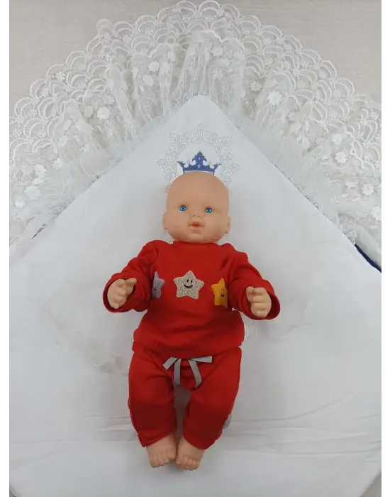 Sofistike Kadife Taç Nakışlı İnci Fiyonklu Çift Dantel Duvak Bebek Battaniyesi