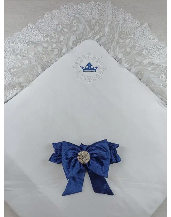 Etkileyici Kadife Taç Nakışlı İnci Fiyonklu Dantel Duvak Bebek Battaniye