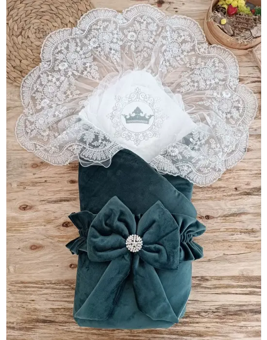 Şık İnci Fiyonklu Duvaklı Bebek Battaniye