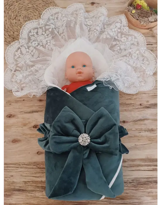 Şık İnci Fiyonklu Duvaklı Bebek Battaniye