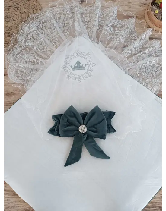 Şık İnci Fiyonklu Duvaklı Bebek Battaniye