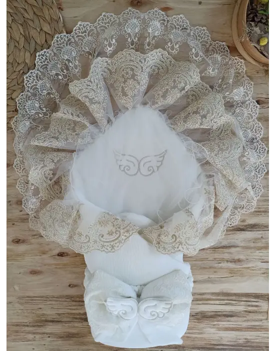 Omarı Yenidoğan Angel Kundak Bebek Battaniyesi Ekru