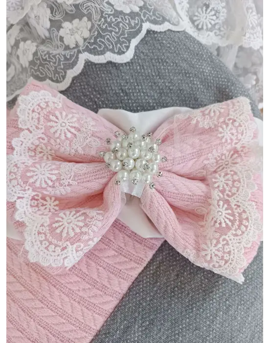 Özgün Taç Nakışlı Pembe Bebek Battaniyesi