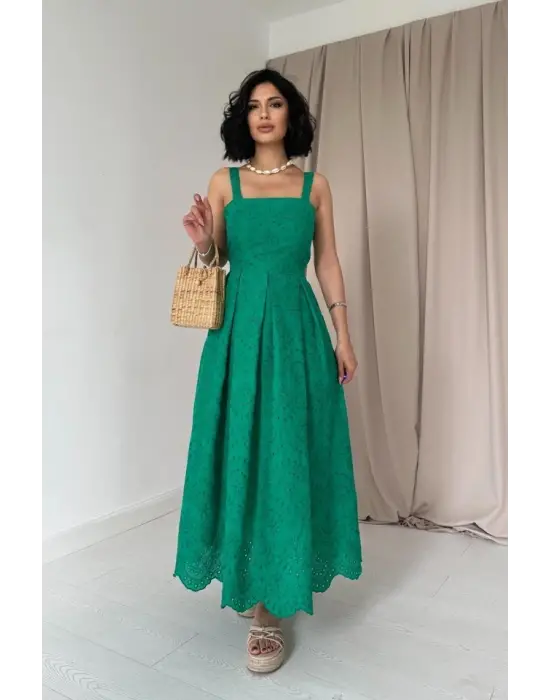 Yeşil Askılı Aparatlı Brode Elbise