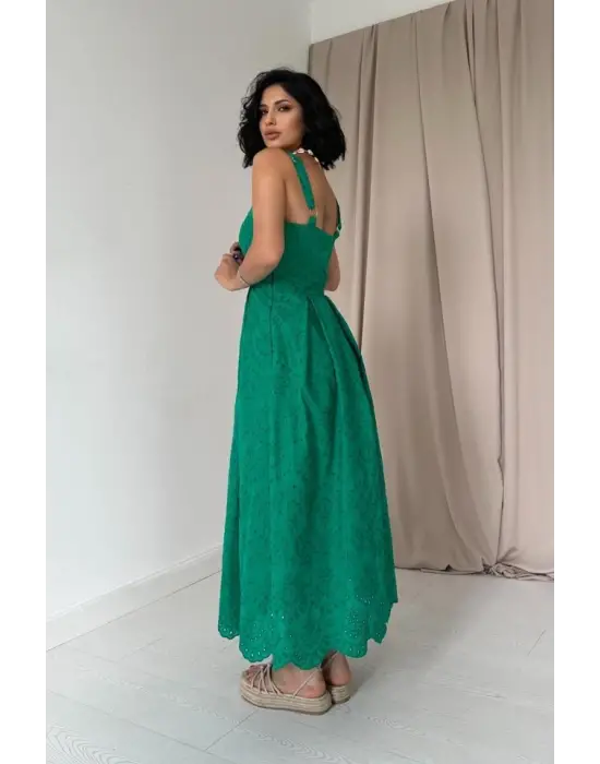 Yeşil Askılı Aparatlı Brode Elbise