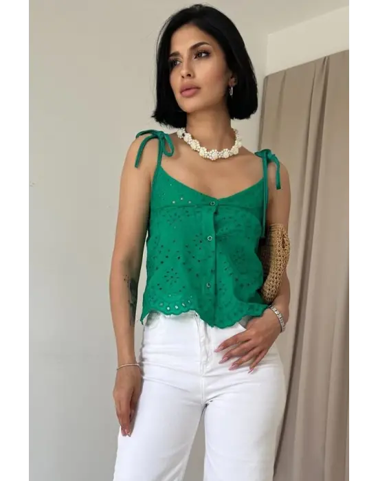 Omarı Şık Yeşil Bağcıklı Bluz