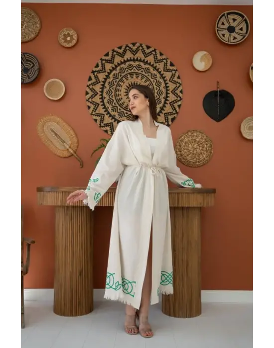 Omarı Yumuşak Keten Hırka Yeşil Baskı Detayı