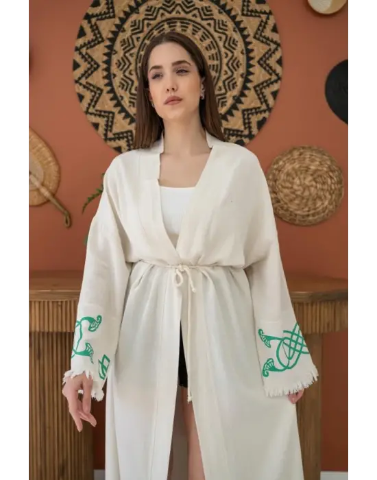 Omarı Yumuşak Keten Hırka Yeşil Baskı Detayı