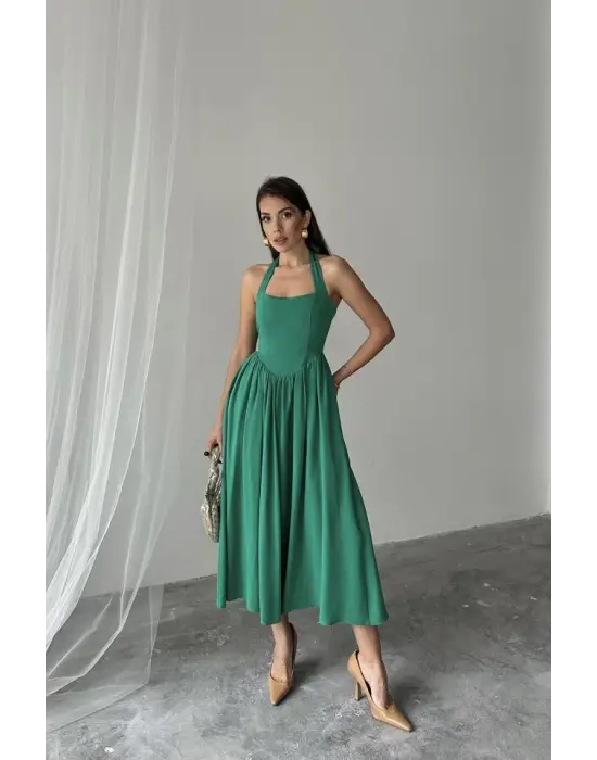 Yeşil Boyundan Bağlamalı Keten Elbise